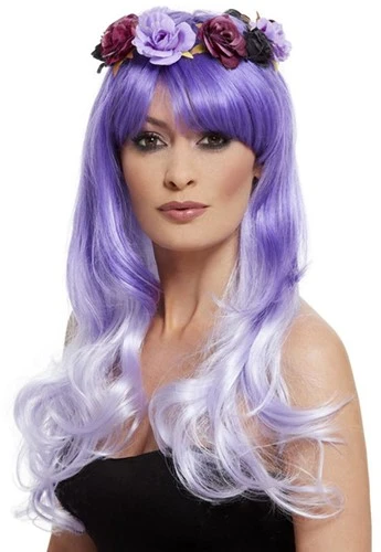 Smiffy's Deluxe Sugar Skull Glam Pruik Paars Met Bloemen - Afbeelding 2
