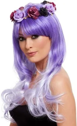 Smiffy's Deluxe Sugar Skull Glam Pruik Paars Met Bloemen