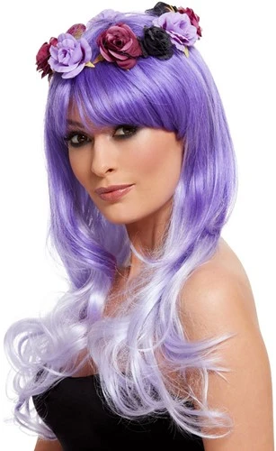 Smiffy's Deluxe Sugar Skull Glam Pruik Paars Met Bloemen